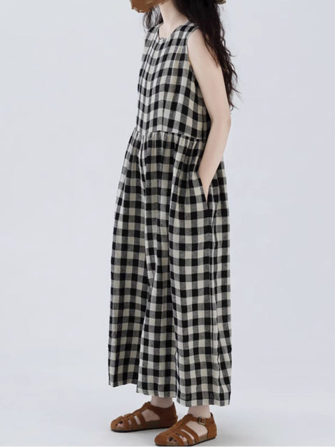 Women Summer Vintage Plaid Loose Wide-leg Jumpsuits