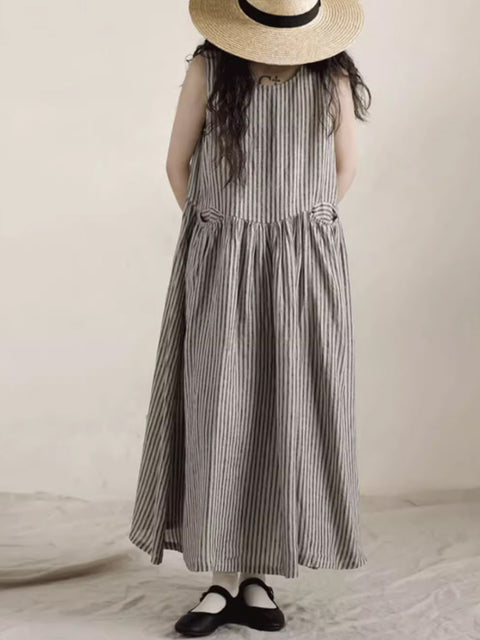 Women Spring Artsy Stripe 100%Linen Vest Maxi Dress