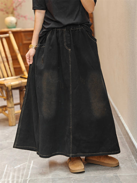 Women Spring Retro Washed Denim A-Shape Skirt