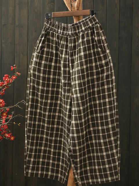 Women Spring Plaid Loose Cotton Harem Pants