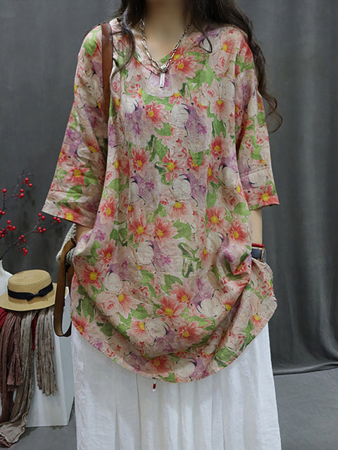 Women Spring Artsy Flower V-Neck 100%Ramie Shirt