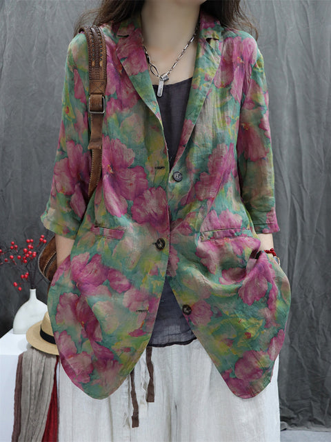 Women Artsy Spring Flower Lapel 100%Ramie Shirt