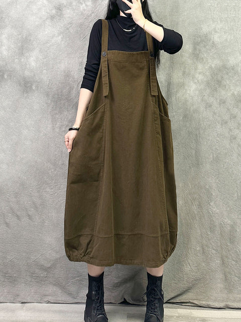 Women Spring Retro Pure Color Denim Suspender Dress