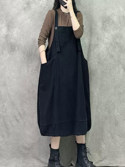 Women Spring Retro Pure Color Denim Suspender Dress