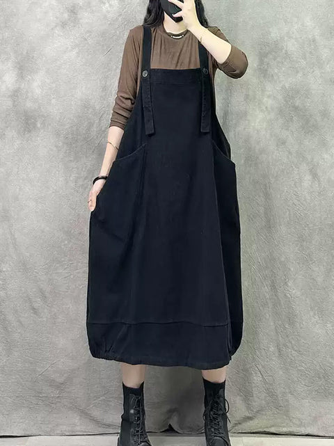 Women Spring Retro Pure Color Denim Suspender Dress