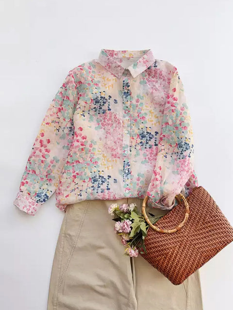 Women Artsy Spring Flower 100%Ramie Shirt