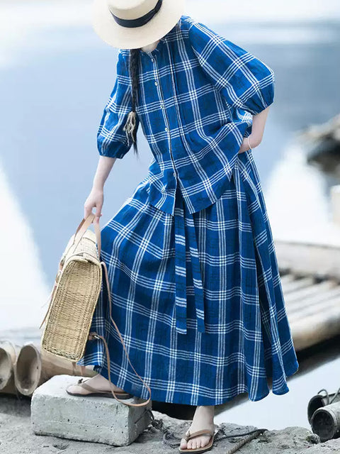 Women Summer Vintage Plaid 100%Linen Loose Suits