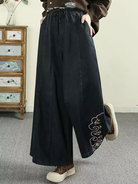 Women Vinage Embroidery Denim Wide-leg Pants