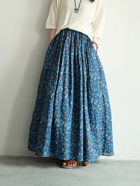 Women Spring Artsy Floral A-Shape Ramie Skirt