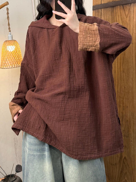 Women Spring Retro Colorblock Linen Hooded Shirt