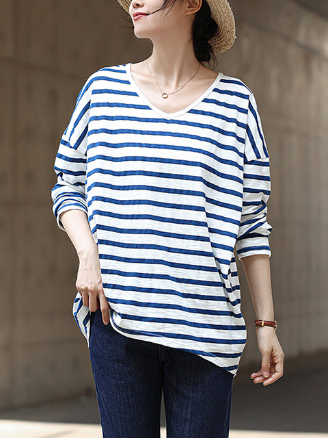 Women Summer Stripe 100%Cotton V-Neck Shirt