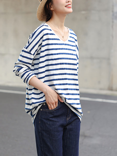 Women Summer Stripe 100%Cotton V-Neck Shirt