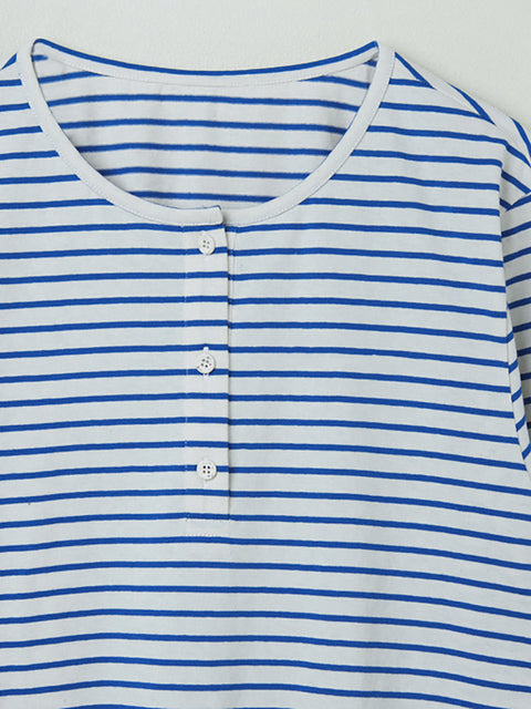 Women Spring Stripe Cotton O-Neck Shirt