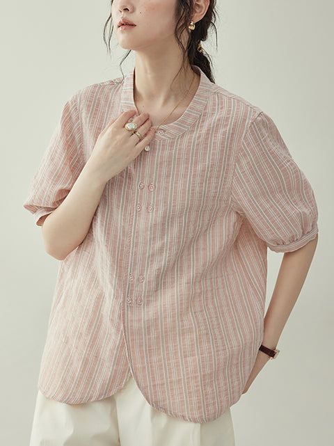 Women Summer Stripe Cotton O-Neck Shirt