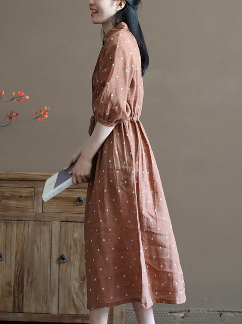 Women Artsy Summer Flower Jacquard Shirred Linen Dress