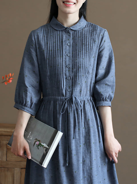 Women Artsy Summer Flower Jacquard Shirred Linen Dress