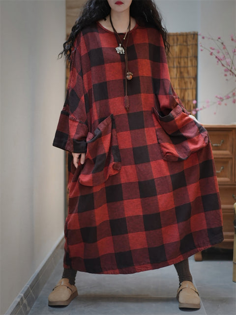 Women Spring Artsy Plaid O-Neck Cotton Maxi Dress