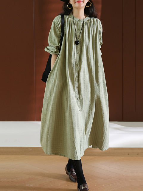 Women Spring Casual Pure Color Button-up 100%Cotton Dress