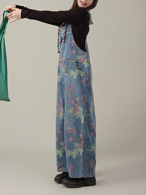 Women Summer Casual Flower Denim Wide-leg Jumpsuits