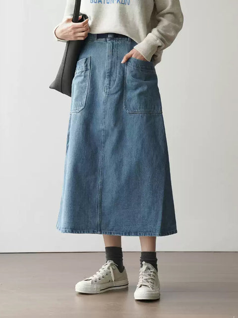 Women Spring Casual Washed Denim A-Shape Skirt