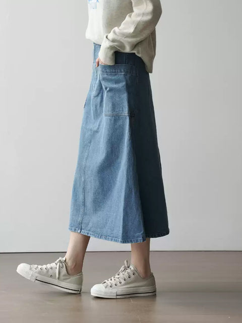 Women Spring Casual Washed Denim A-Shape Skirt