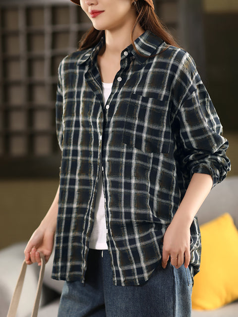 Women Artsy Spring Plaid Linen Turn-down Collar Shirt