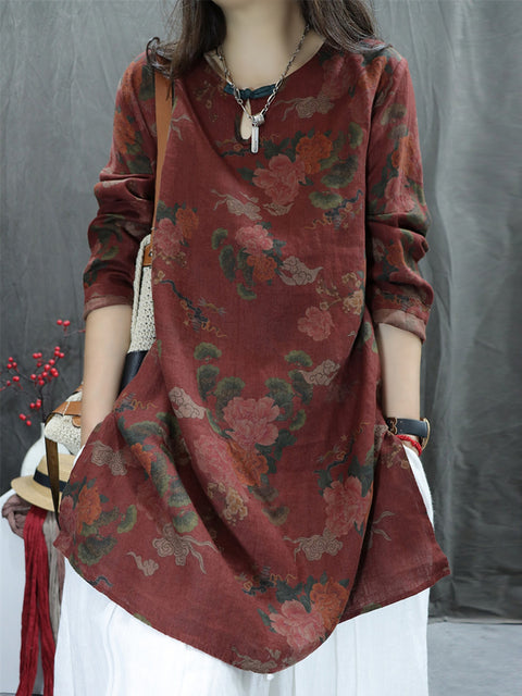 Women Artsy Spring Flower O-Neck 100%Linen Shirt