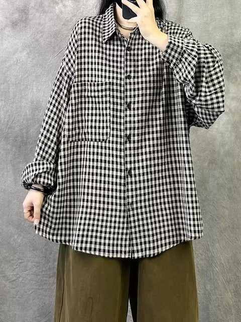 Women Summer Vintage Plaid Button Shirt