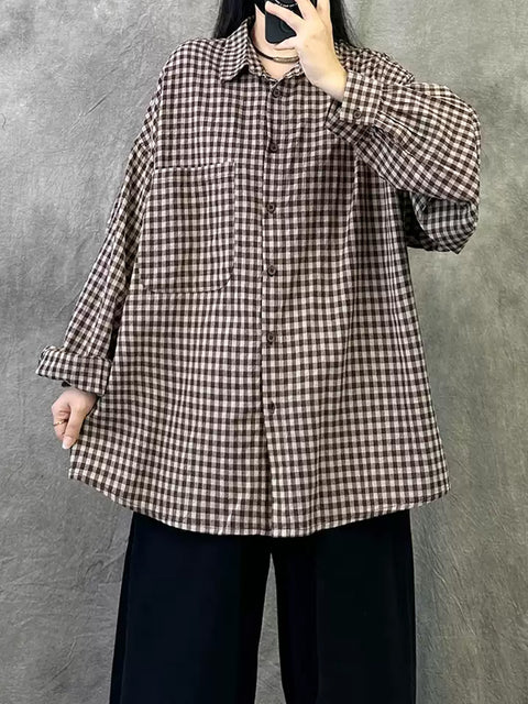 Women Summer Vintage Plaid Button Shirt