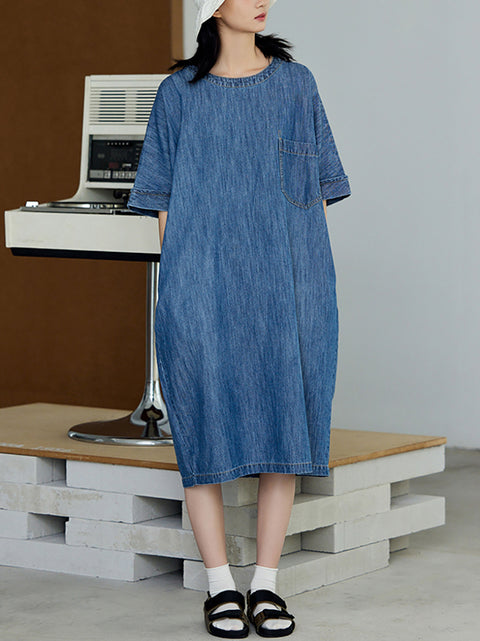 Women Summer Casual Pure Color Denim Dress