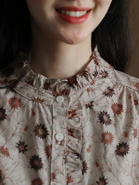 Women Spring Artsy Flower Button-up 100%Cotton Shirt