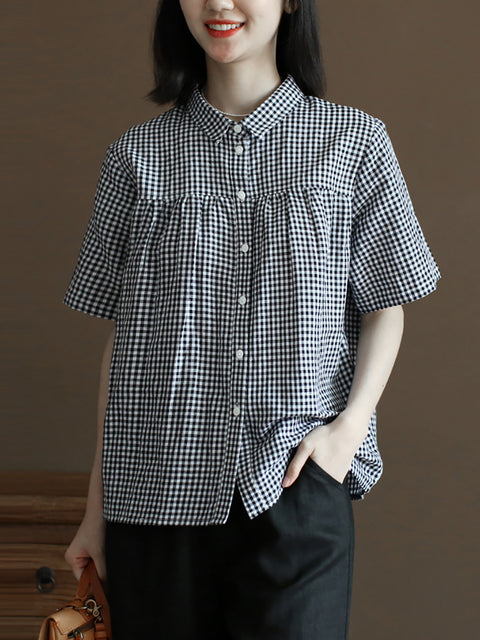 Women Summer Vintage Plaid Linen Cotton Button-up Shirt