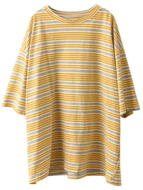 Women Summer Stripe 100%Cotton O-Neck Shirt