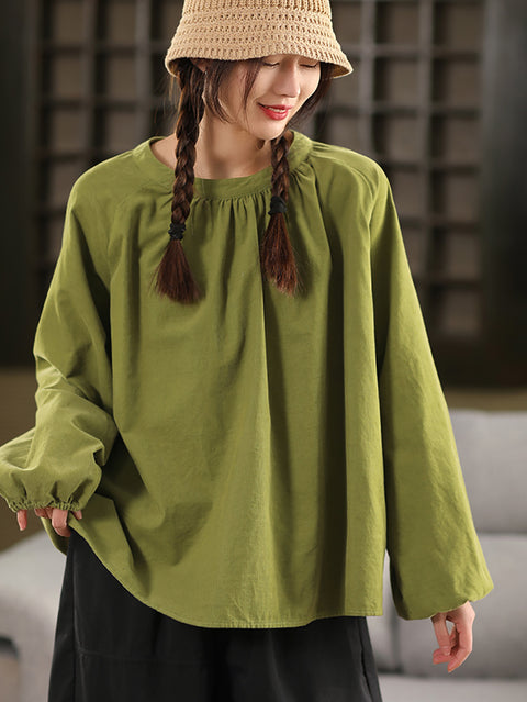 Women Spring Casual Pure Color O-Neck Corduroy Shirt