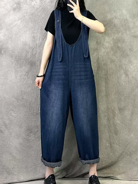 Women Summer Vintage Pure Color Denim Jumpsuits