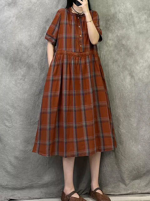 Women Summer Retro Plaid Cotton Loose Dress