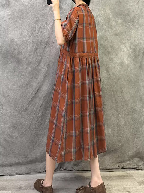 Women Summer Retro Plaid Cotton Loose Dress