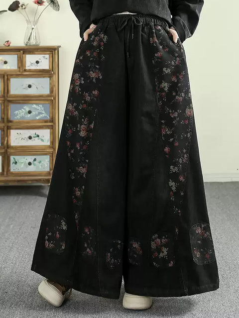 Women Spring Retro Flower Spliced Denim Wide-leg Pants