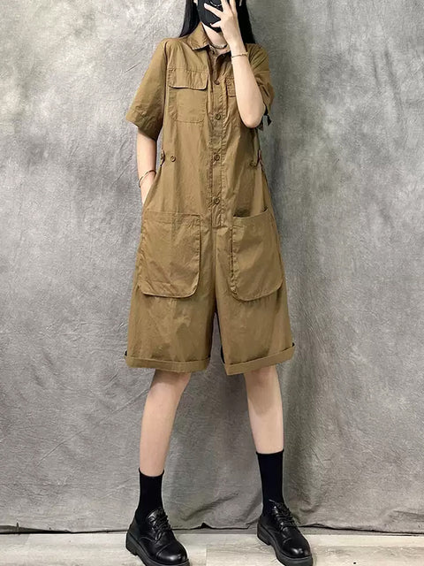 Women Summer Casual Pure Color Short Jumpsuits