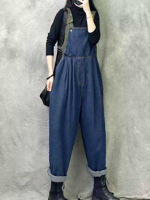 Women Summer Vintage Colorblock Denim Loose Jumpsuits