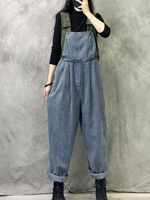 Women Summer Vintage Colorblock Denim Loose Jumpsuits