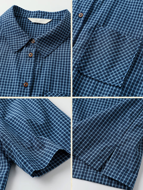 Women Summer Vintage Plaid 100%Cotton Shirt