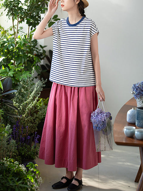 Women Summer Pure Color Loose 100%Cotton Skirt