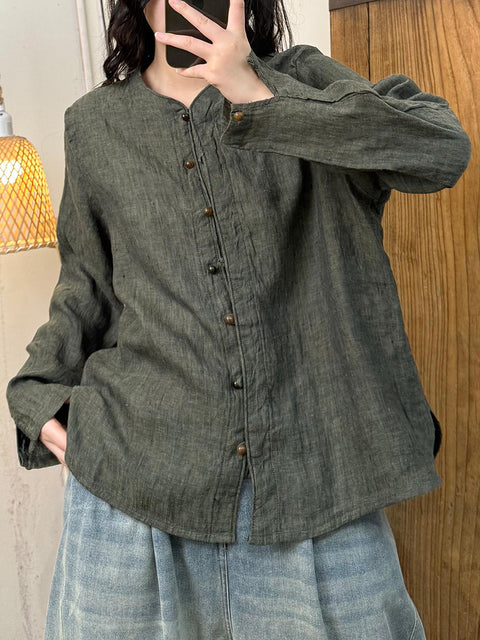 Women Spring Retro Stand Collar Linen Shirt