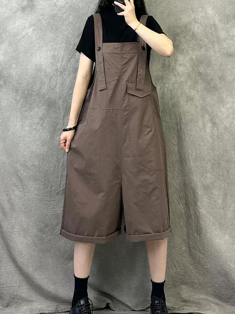 Women Summer Casual Pure Color Cotton Short Jumpsuits