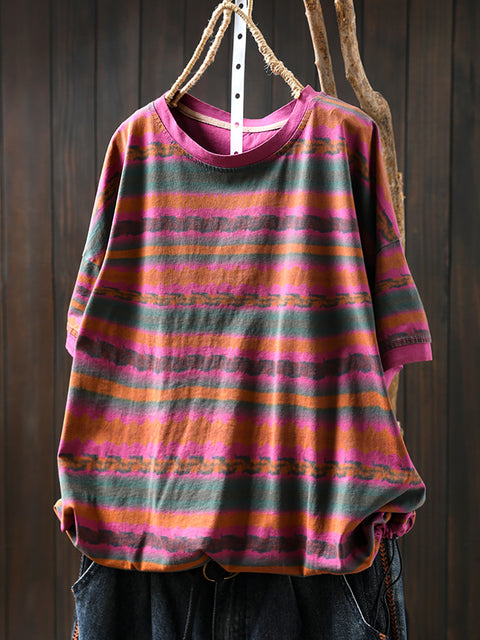 Women Summer Vintage Stripe Cotton O-Neck Shirt