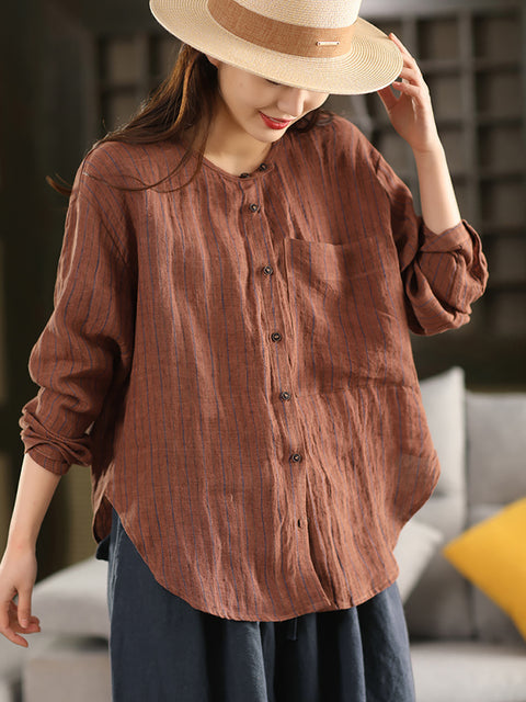 Women Spring Artsy Stripe 100%Linen O-Neck Shirt