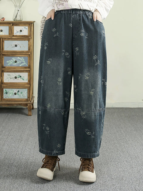 Women Spring Retro Jacquard Denim Spliced Pants