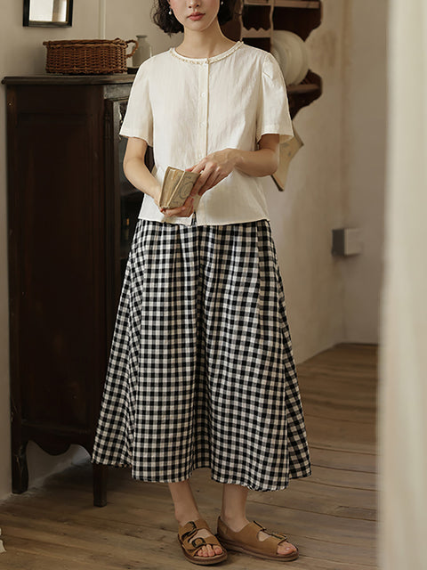 Women Summer Vintage Plaid Loose 100%Cotton Skirt