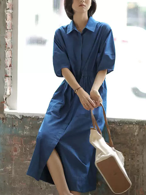 Women Spring Artsy Pure Color Button-up Cotton Dress